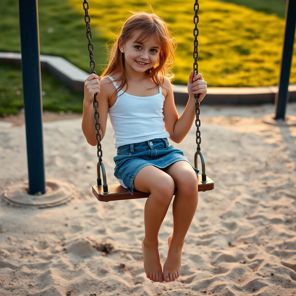 Mädchen auf einer Schaukel auf dem Spielplatz im warmen Abendlicht
