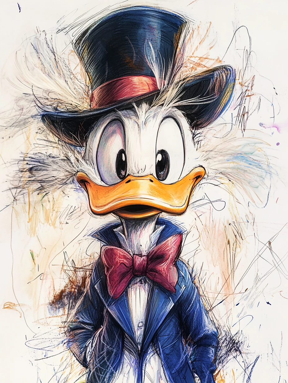Melancholic duck portrait in ink and watercolor illustration