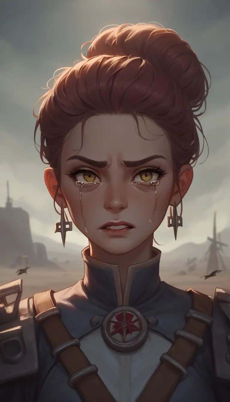 Crying anime girl in a barren sunset wasteland