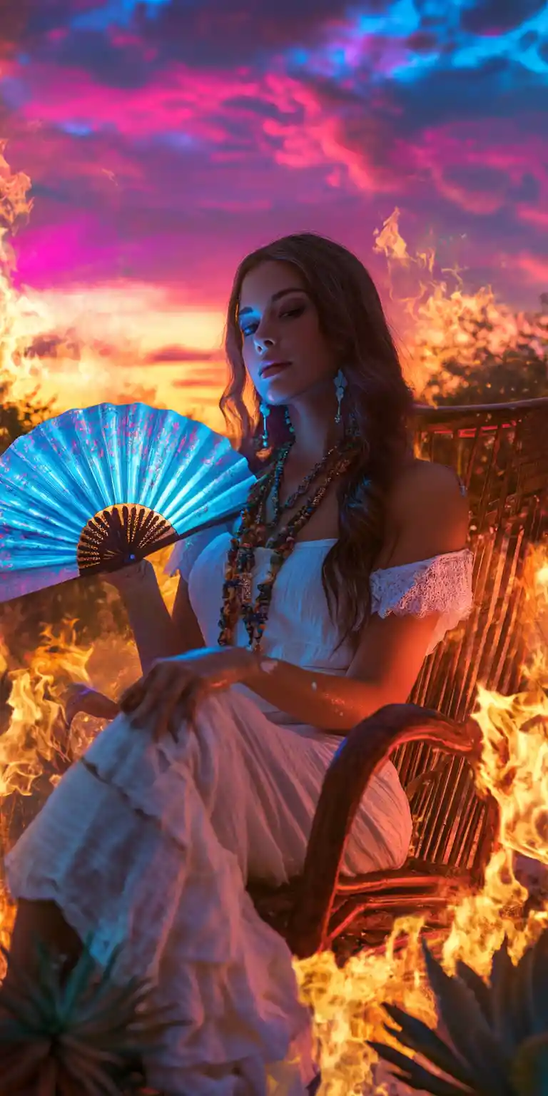Woman in white dress by blue flames at sunset