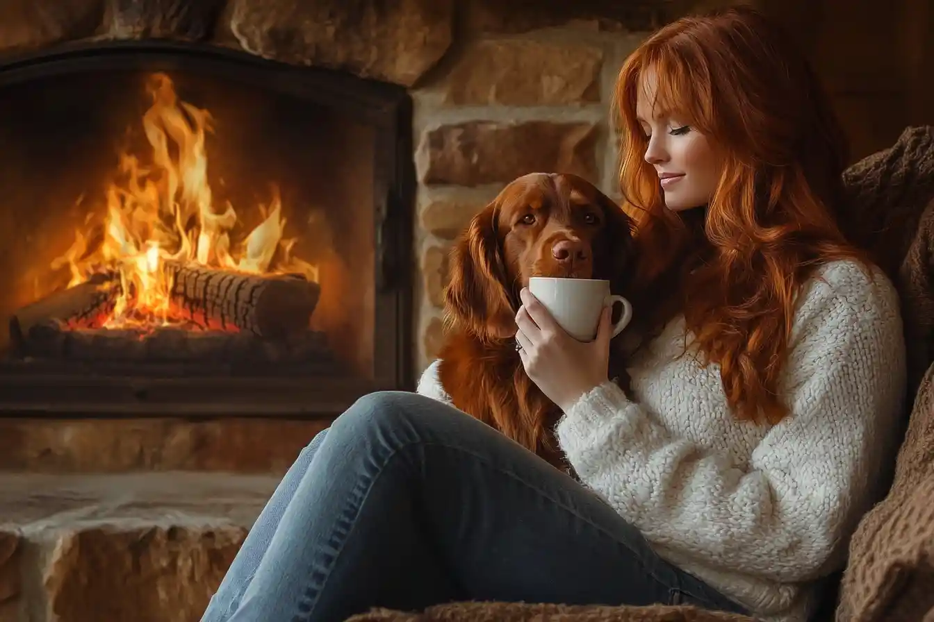 Redhaired woman by fireplace cuddling her dog