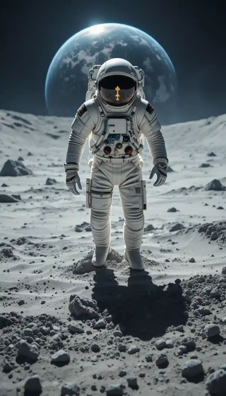 月面の上に浮かぶ宇宙飛行士と遠くに見える地球