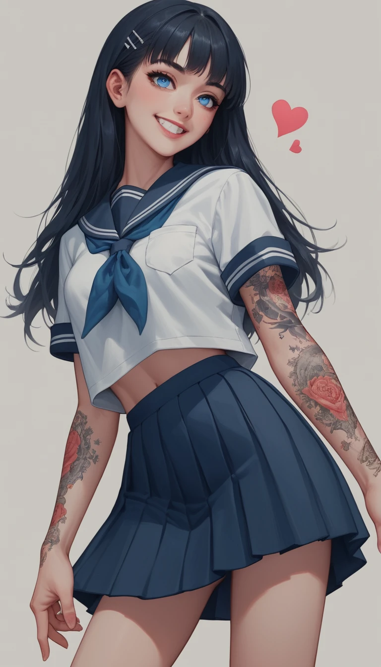 Blue eyed Japanese schoolgirl with tattoos in classroom