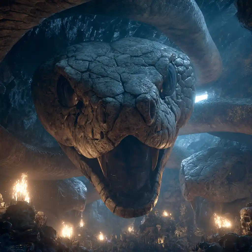 Colossal Cobra Skeletons Coiled In A Glowing Cavern