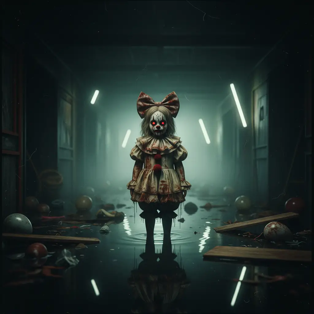 Terrifying Girl In Vintage Clown Costume In Dark Corridor