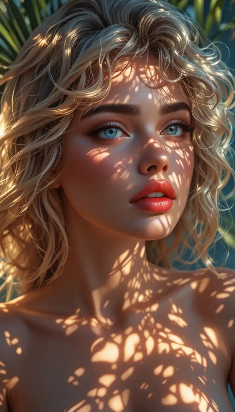 Retrato de mujer rubia bajo luz solar tropical salpicada