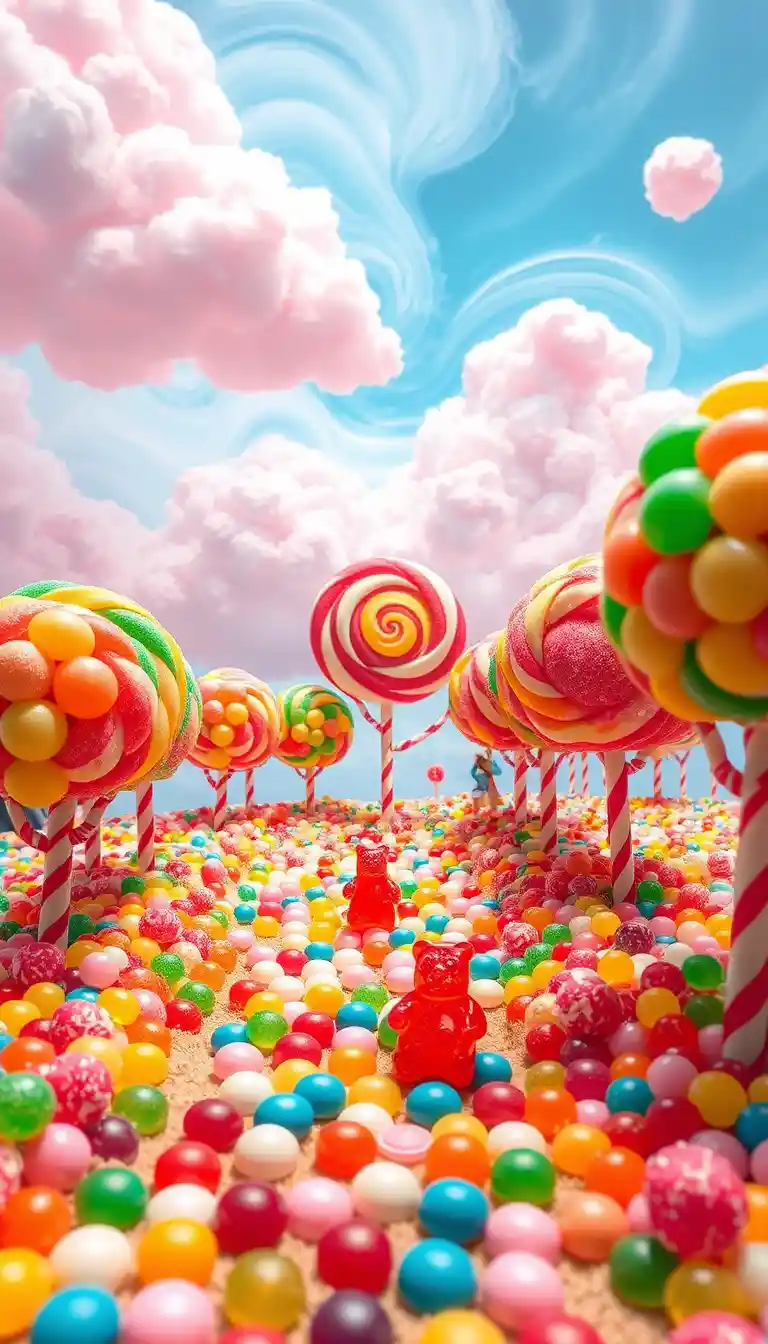 Colorful candy land with lollipop trees and gummy bear path