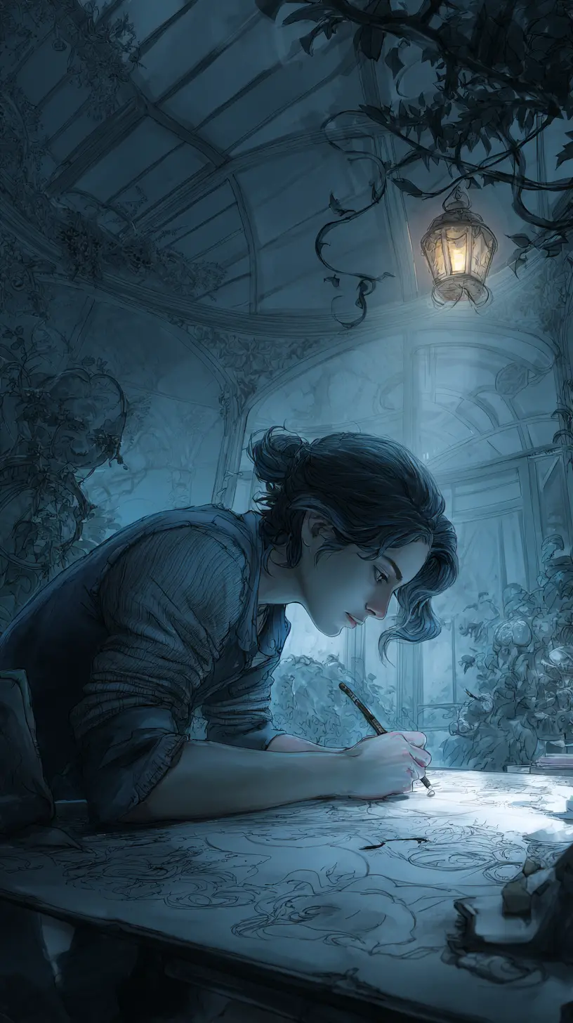 Focused woman sketching at a drafting table in moonlit conservatory
