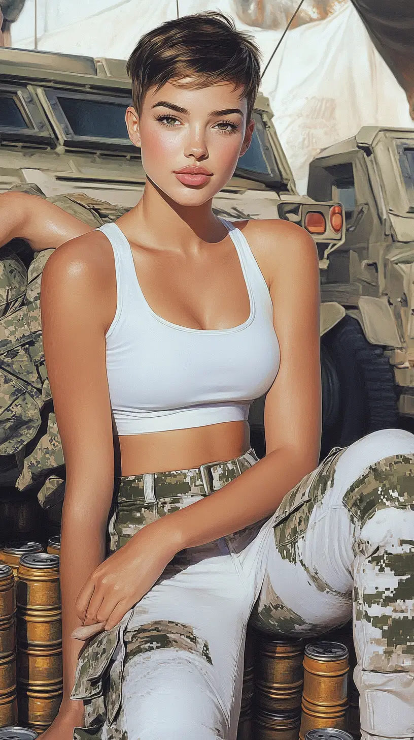 Off duty female soldier sitting on ammo tins in sunlight