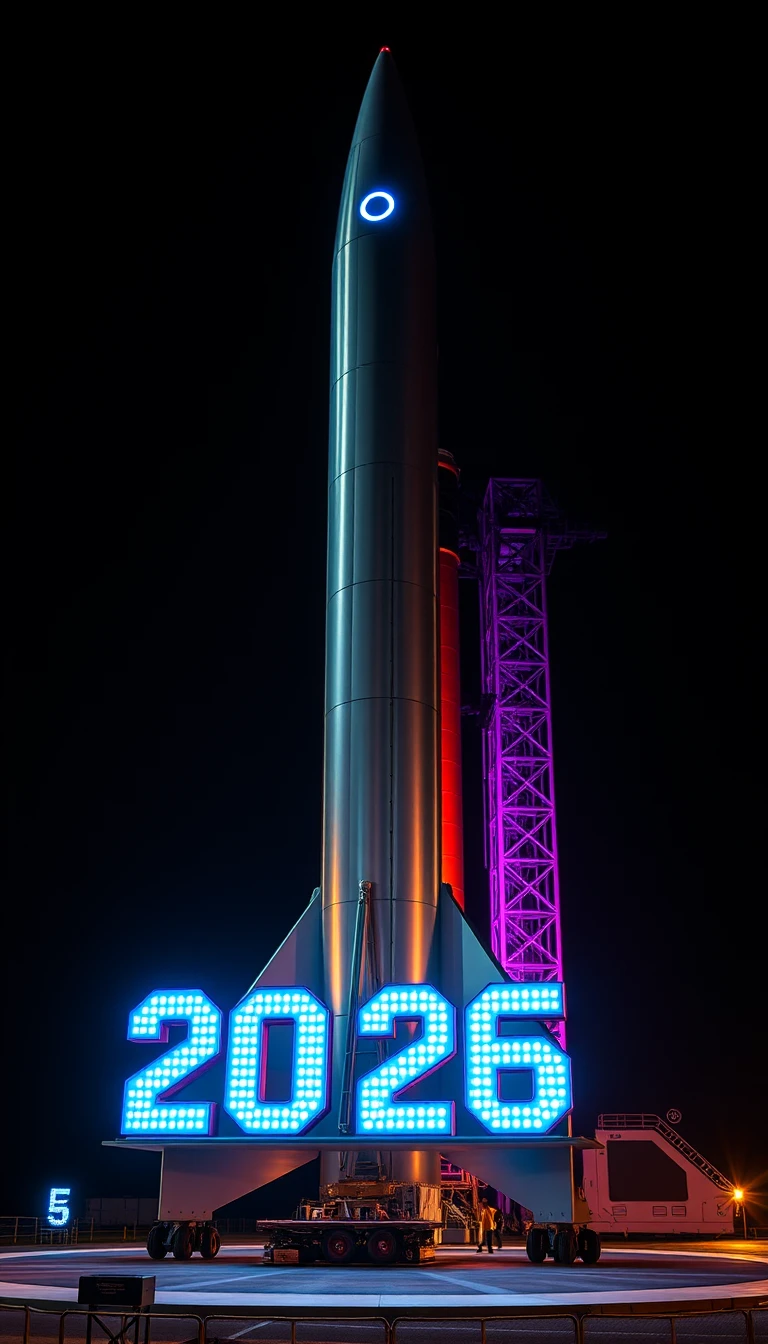 Razzo futuristico sulla rampa di lancio con display luminoso 2026