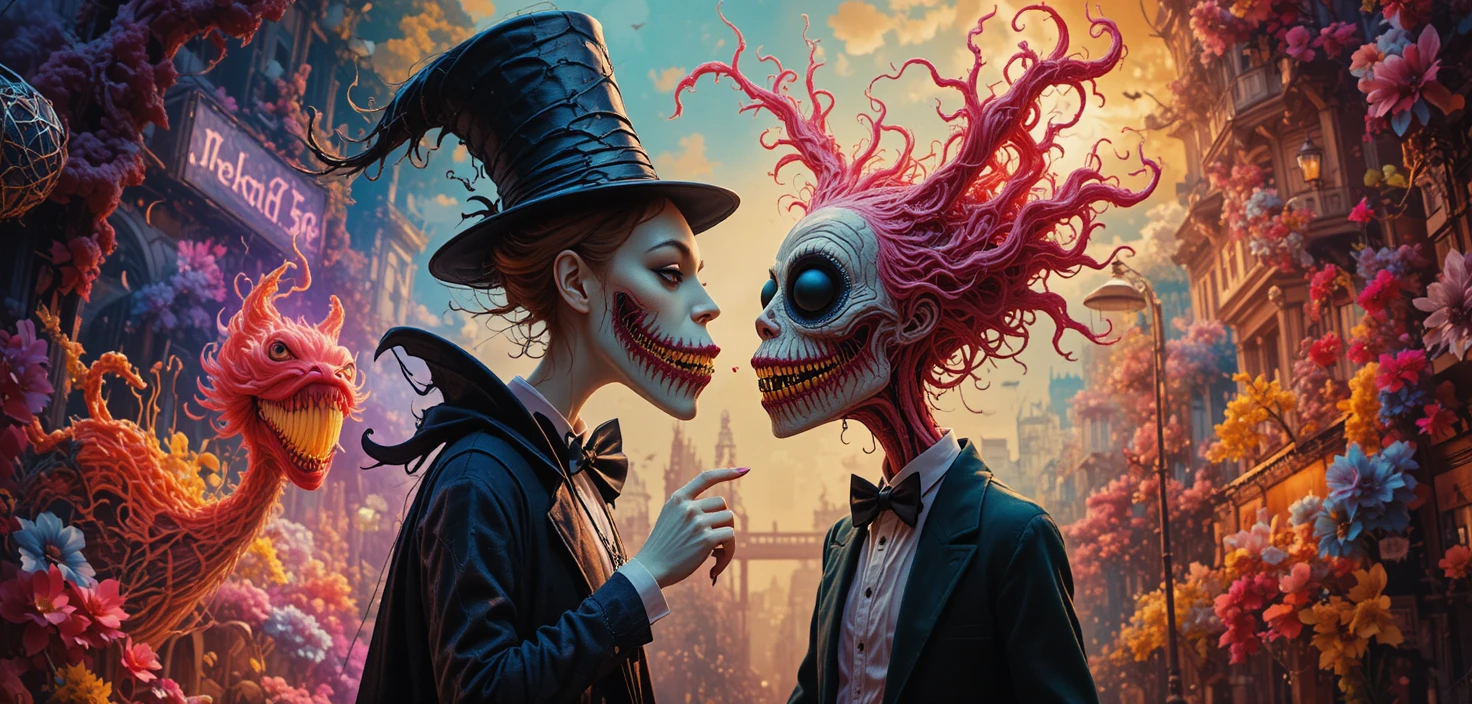Playful fantasy creatures on a colorful retro city street