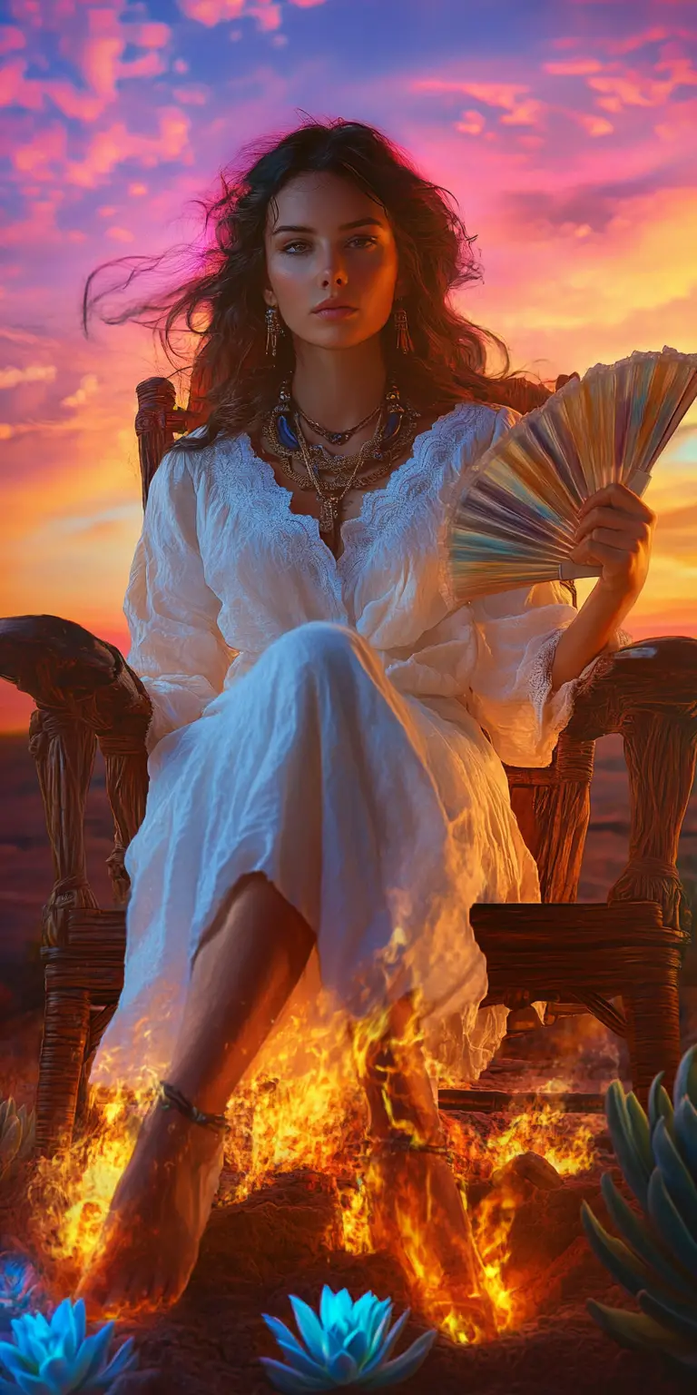 Woman in white dress beside blue flames at sunset