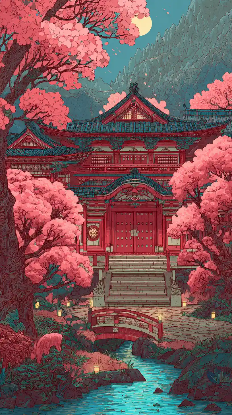 Majestätischer japanischer Palast im nebligen Fantasy-Bergtal