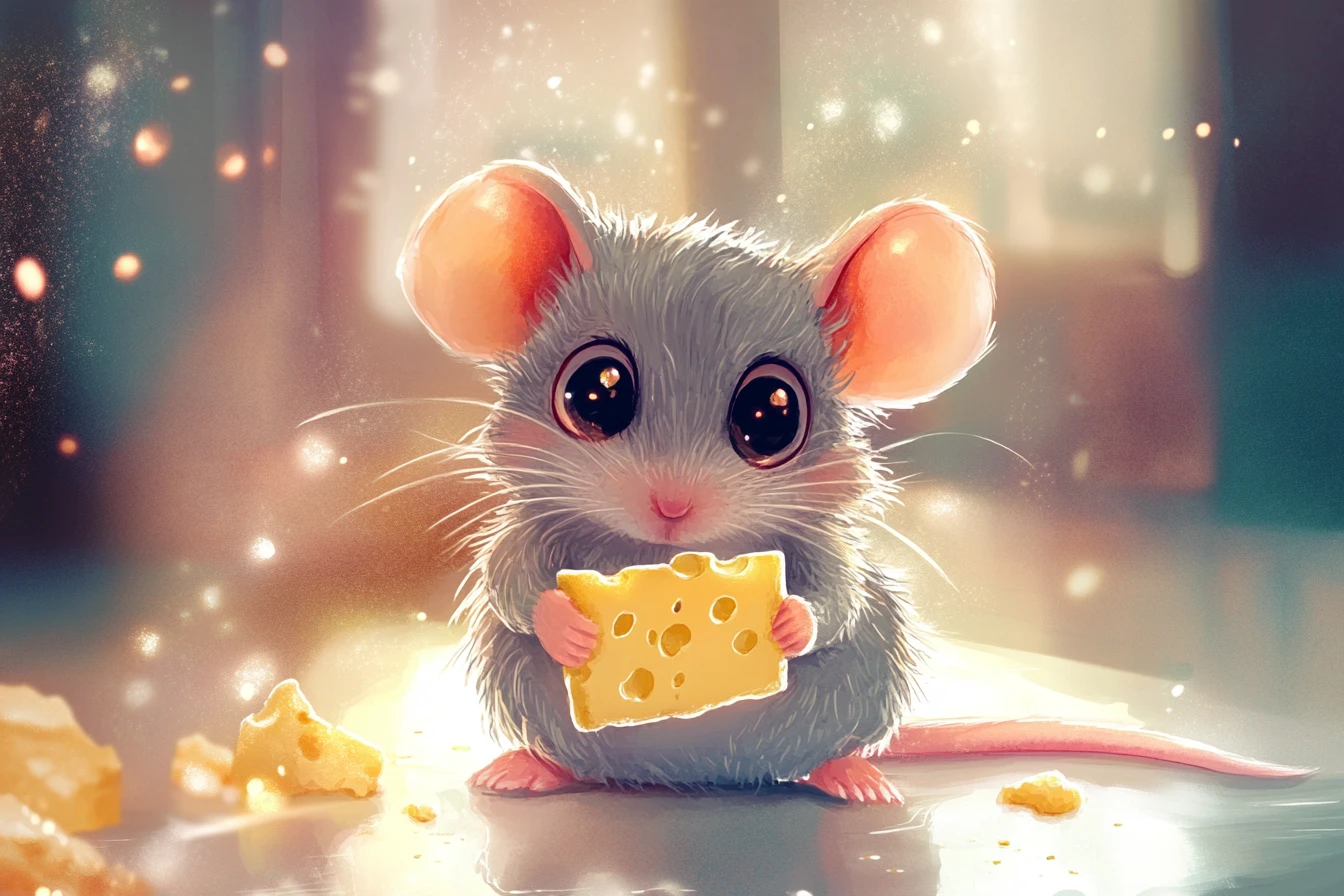 Cute watercolor mouse nibbling glowing cheese at night
