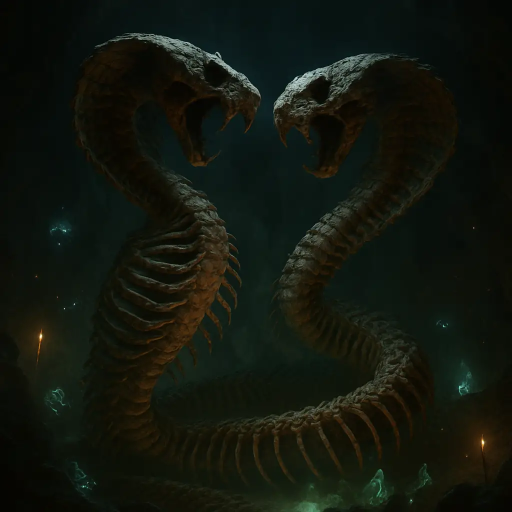 Ancient cobra skeletons entwined in a glowing cavern