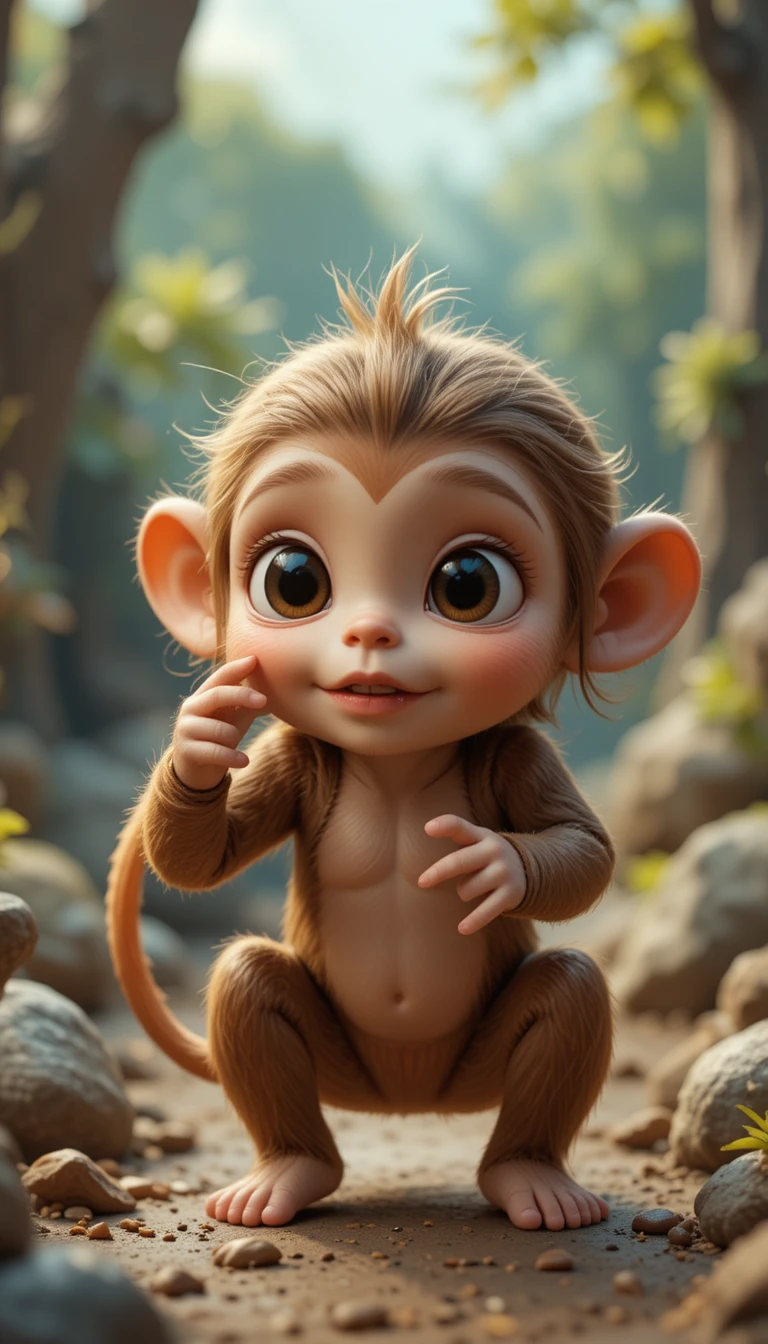 Macaco bebê fofinho em desenho animado voando em um foguete para animar uma criança