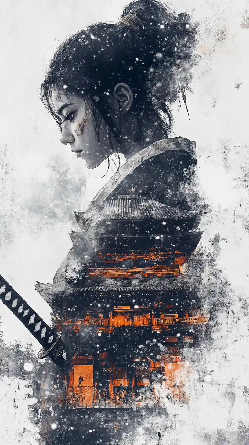 Stoic female samurai guarding a snow covered Japanese temple