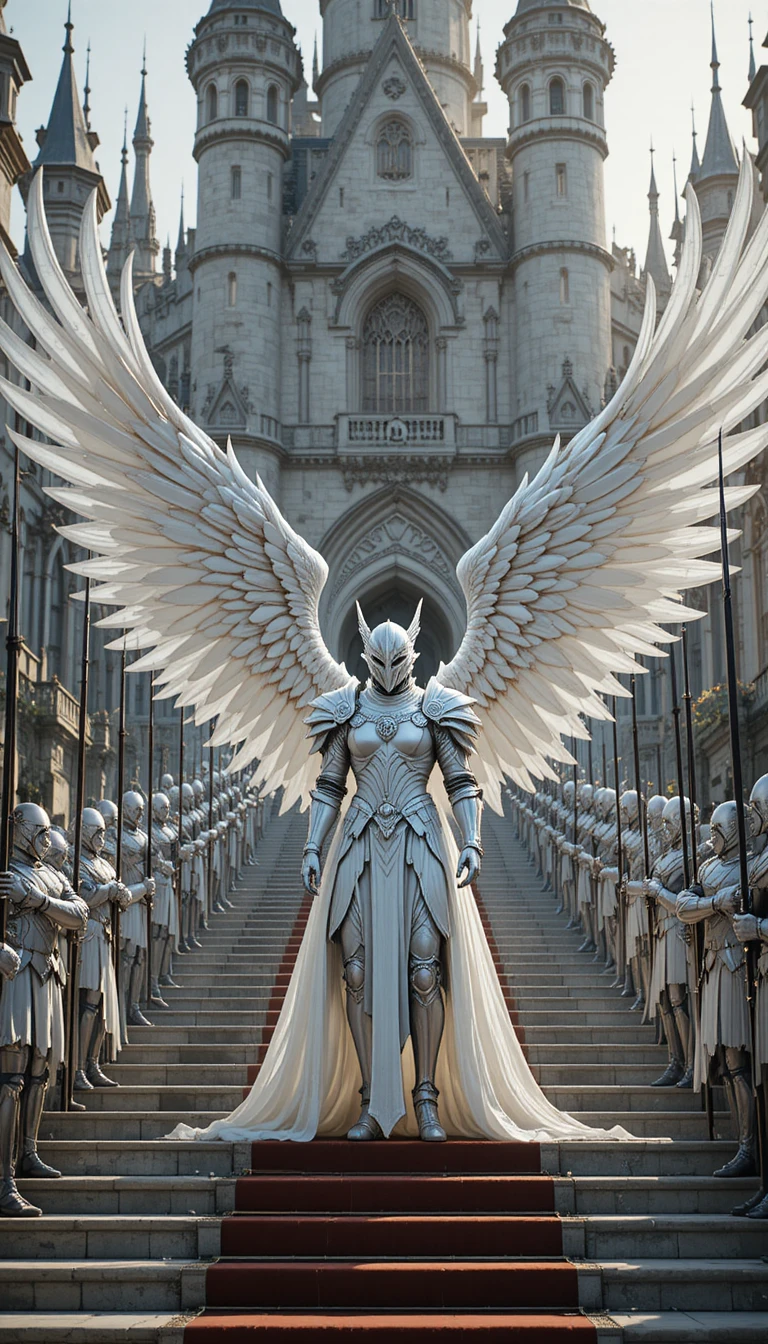Guerreiro angelical blindado na escadaria do castelo ao amanhecer