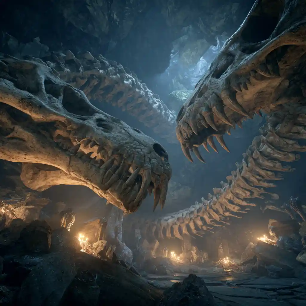 Giant cobra skeletons entwined in a glowing cavern