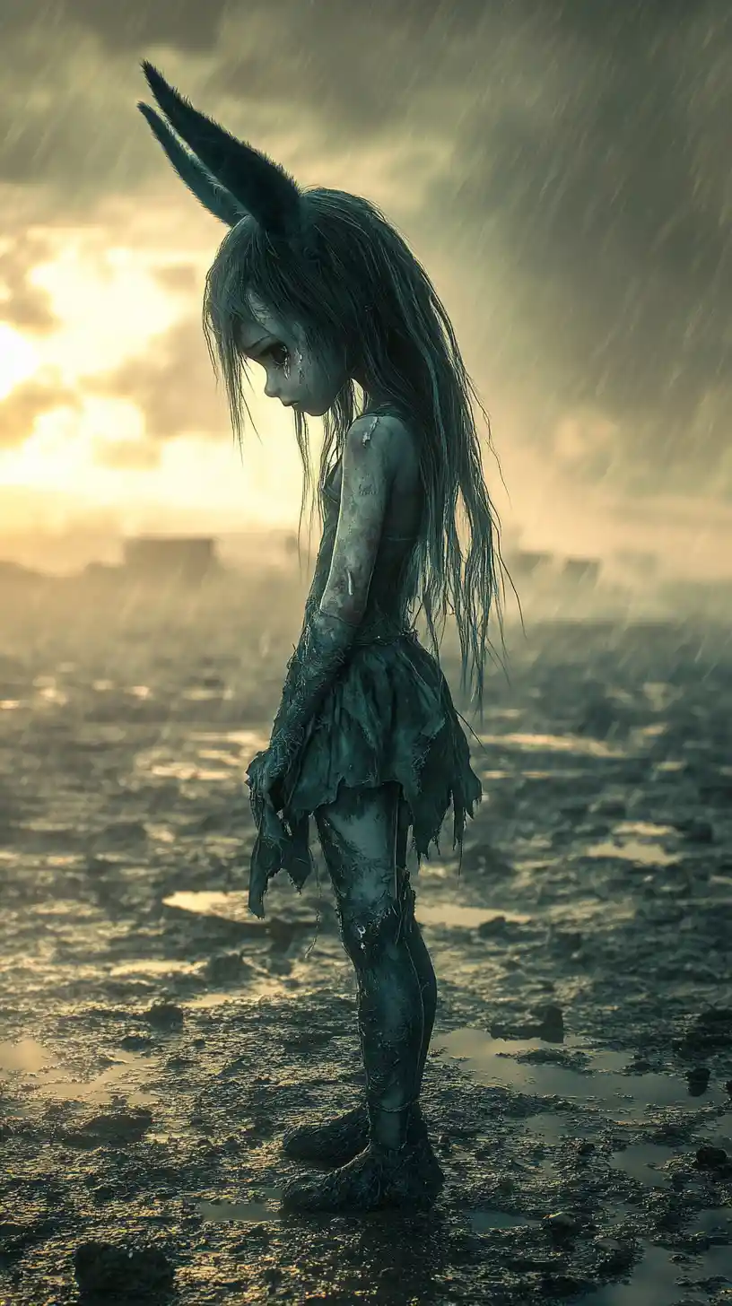 Traumatized girl standing alone in a barren sunset wasteland