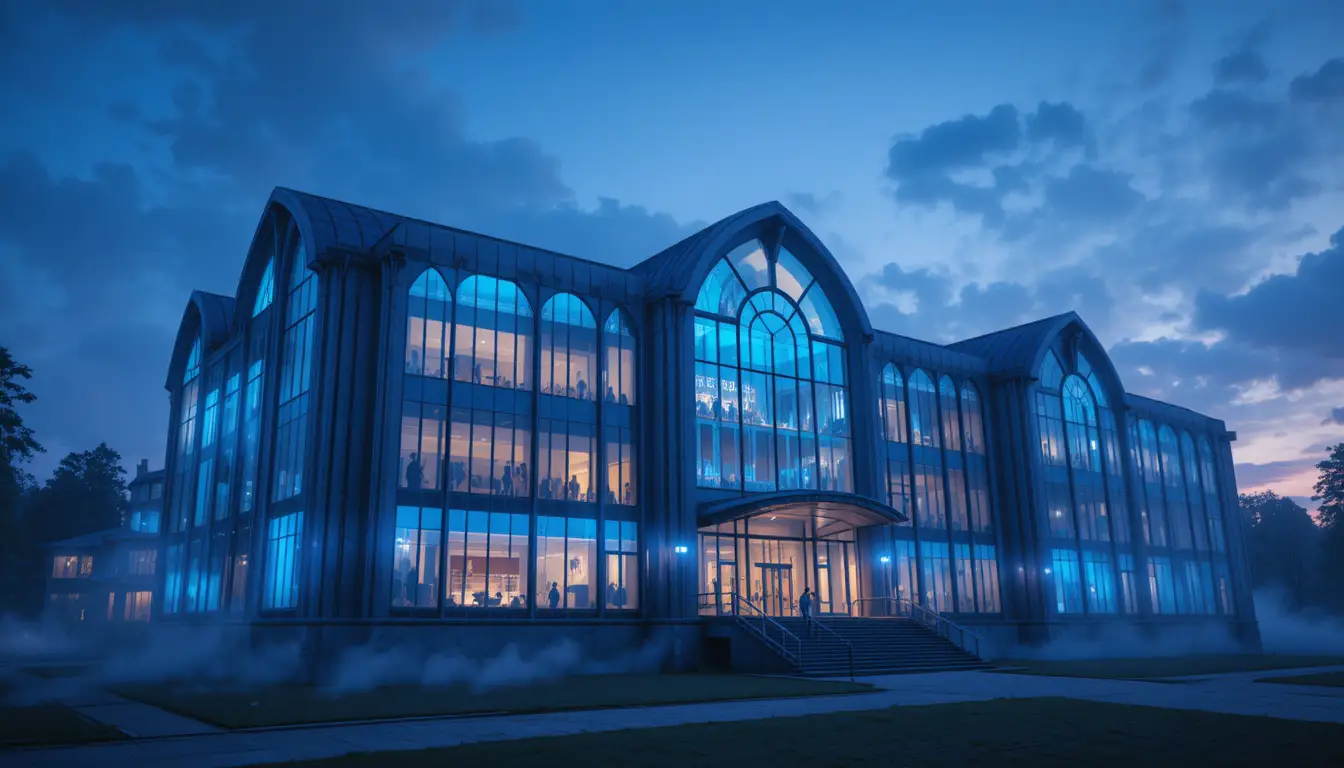 Futuristic school building glowing softly under twilight sky