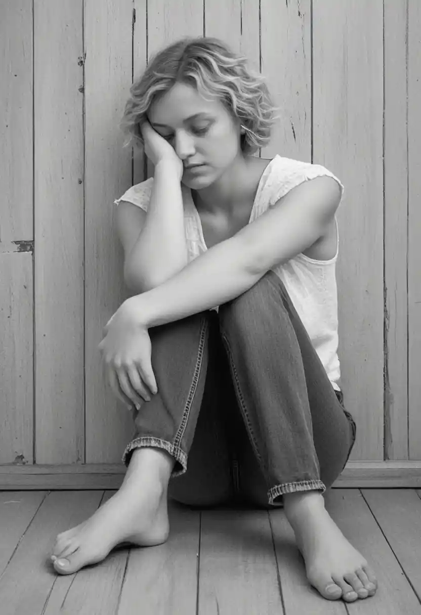 Black and white portrait of woman curled on wooden floor