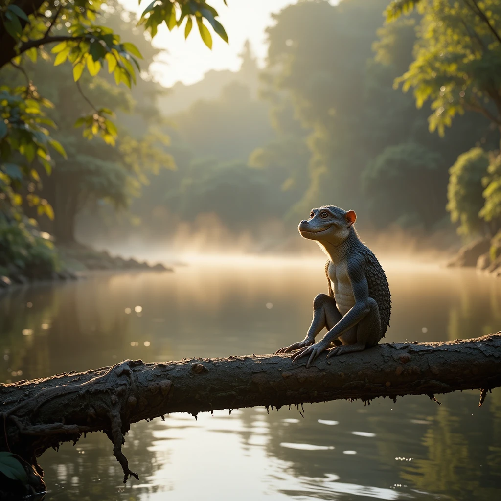 Coccodrillo che riposa sul fiume avvolto dalla foschia all’alba