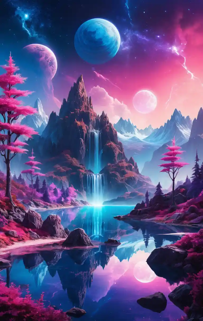 Paisagem fantástica colorida com planeta brilhante e lago