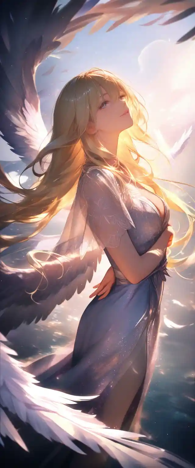 Angel in lace dress standing on glowing clouds