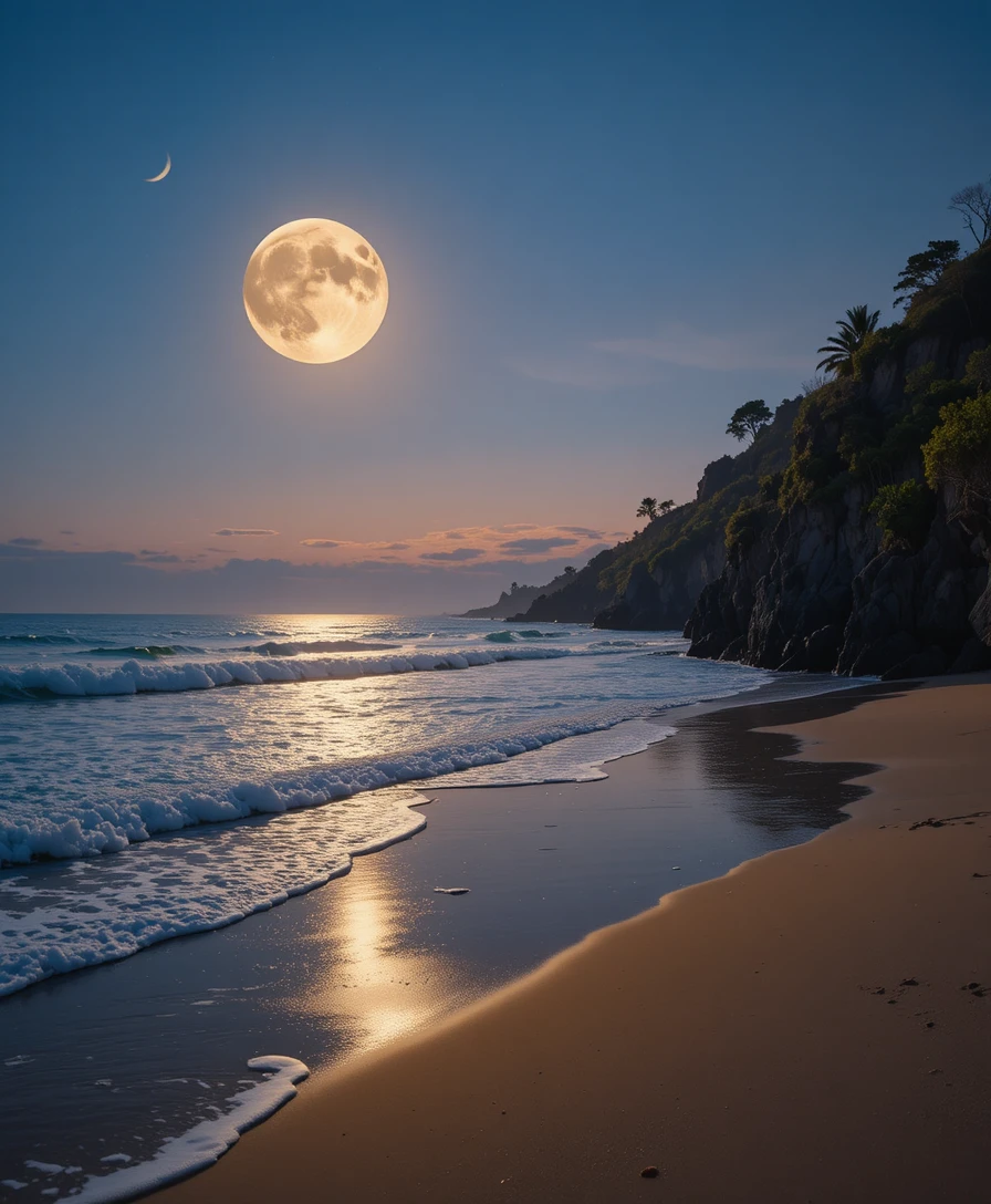 Moonlit beach with gentle waves and rocky cliffs