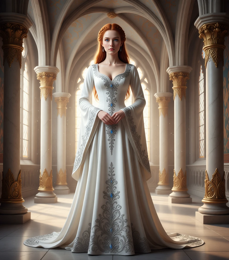 Dama medieval in abito di velluto bianco in sala gotica fantasy