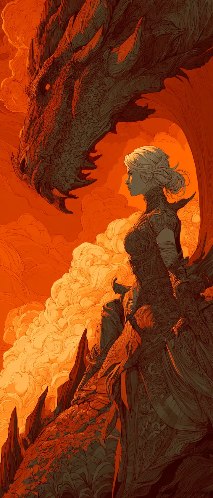 Warrior maiden riding a dragon through blazing clouds
