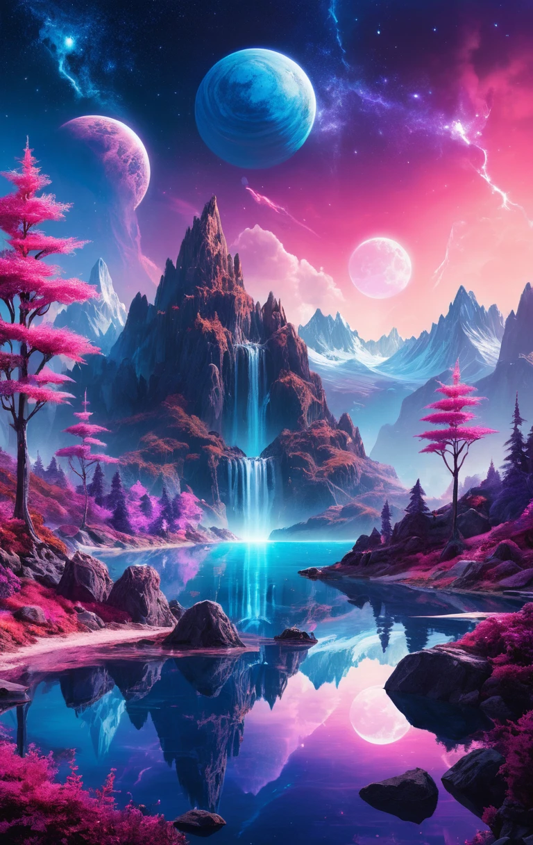 Colorful fantasy landscape with glowing planet and lake