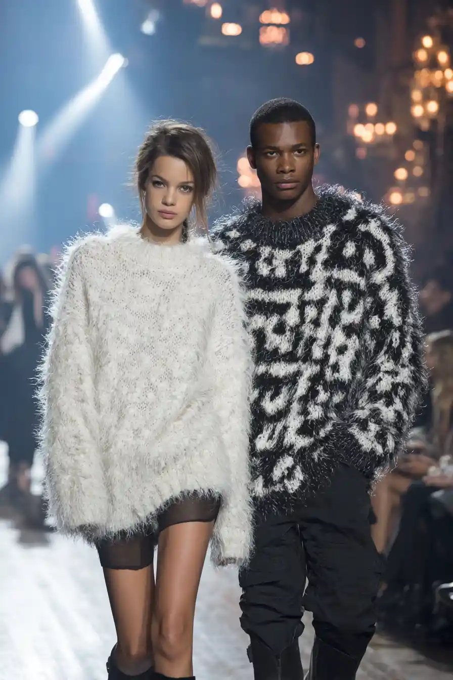 Man and woman walking runway in oversized wool sweaters
