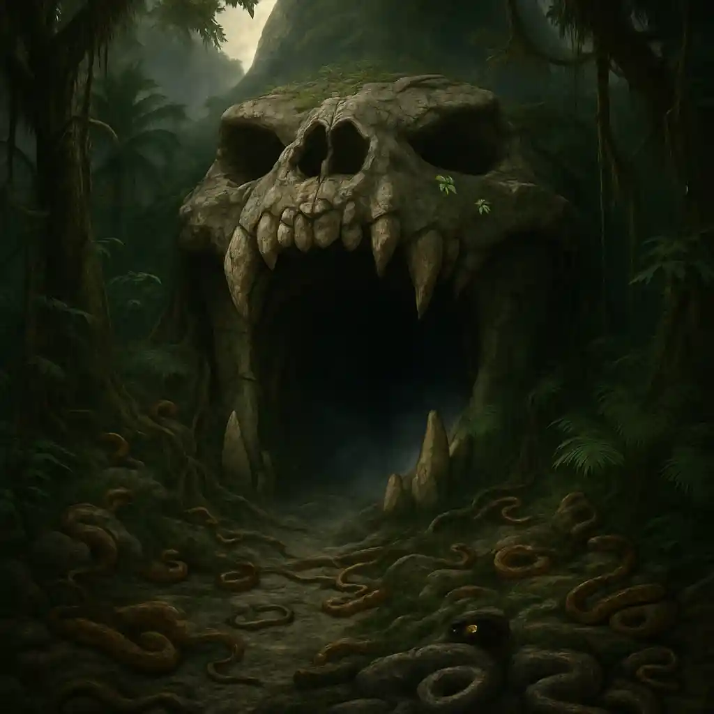 Ominous Jungle Cave Entrance With Stone Jaws And Snakes