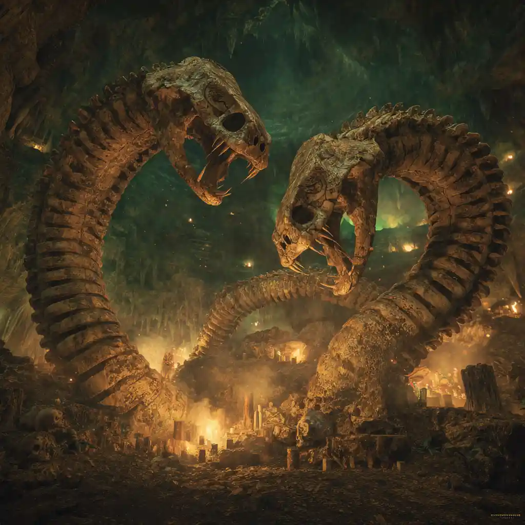 Ancient cobra skeletons entwined in a glowing cavern