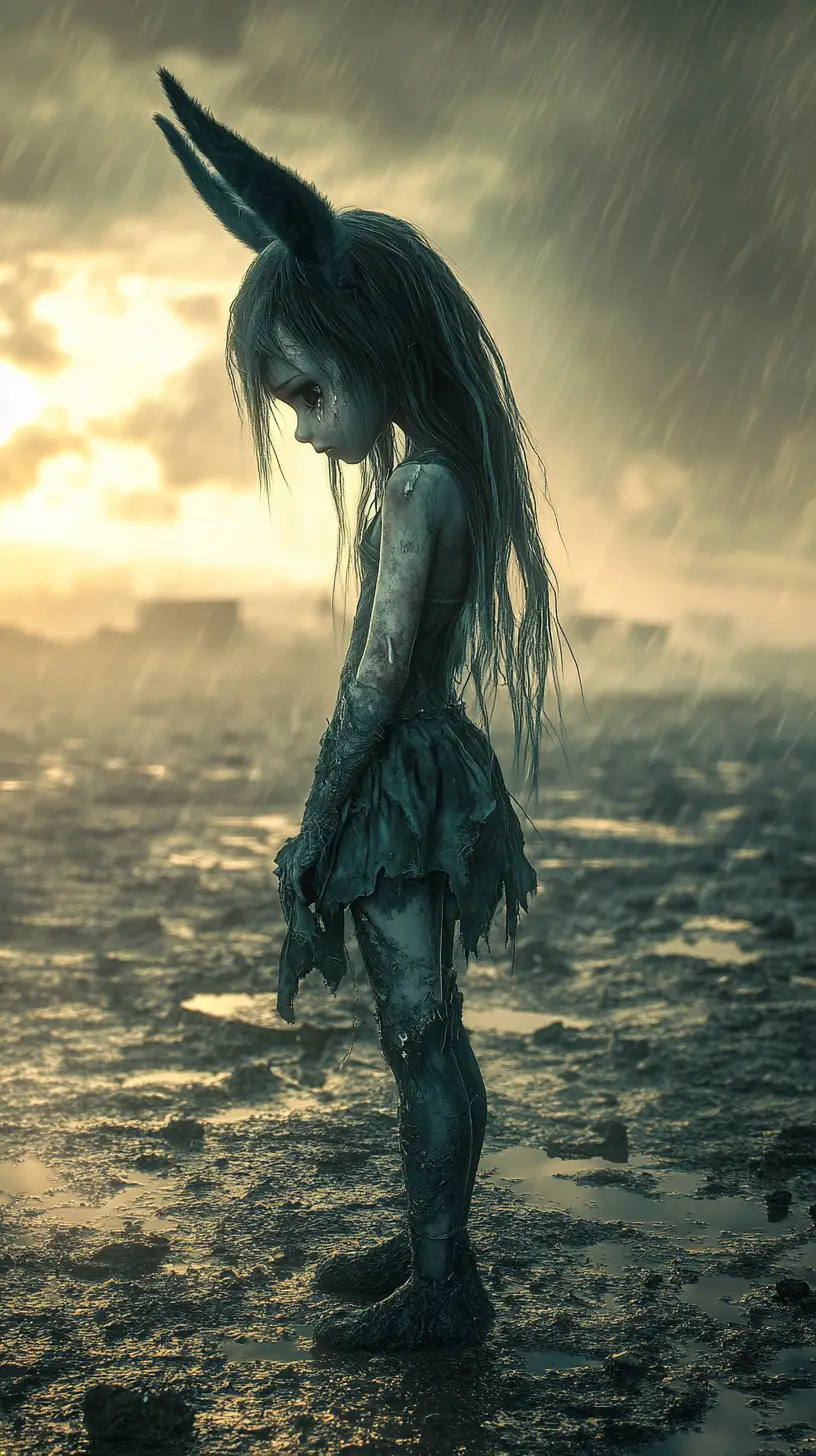 Traumatized girl standing alone in a barren sunset wasteland