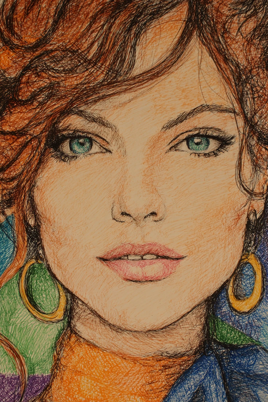 Color portrait drawing of a detailed young woman face