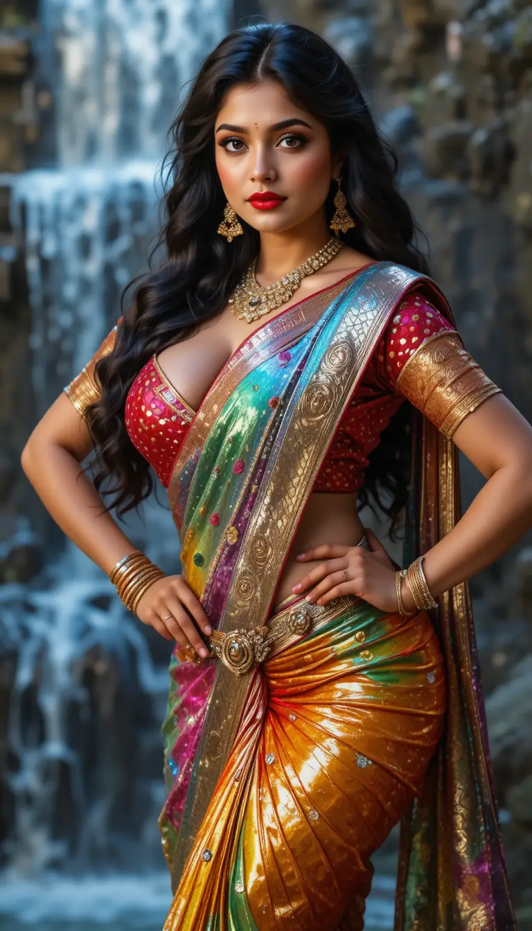 Indian woman in rainbow saree posing by a waterfall
