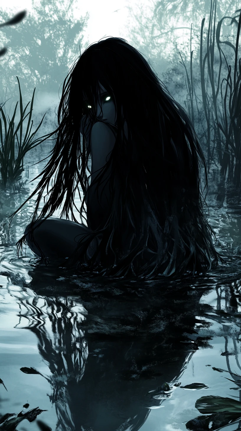Mystical woman with glowing eyes in a night marsh