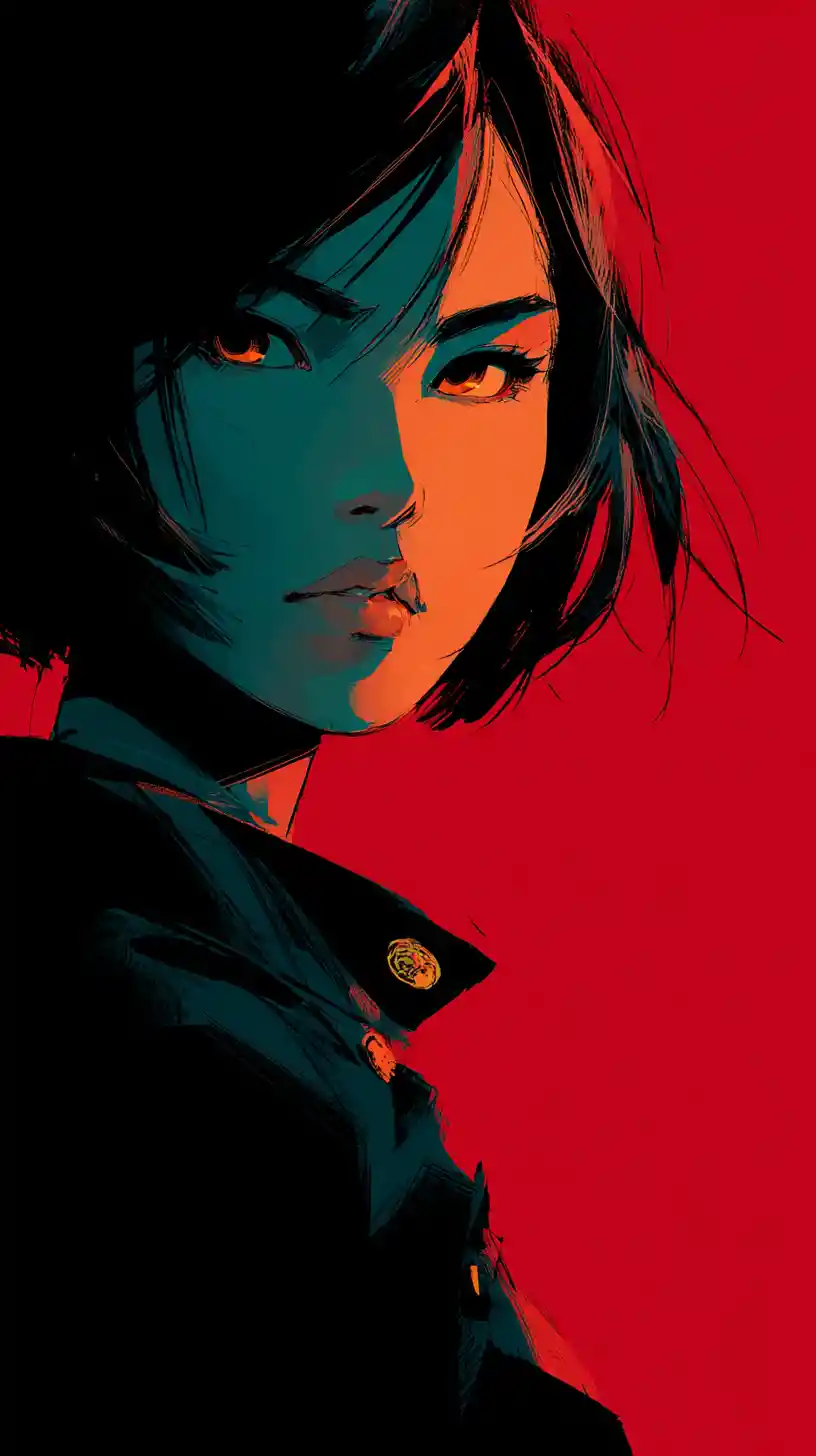 Fiery red and blue anime girl portrait in sharp profile