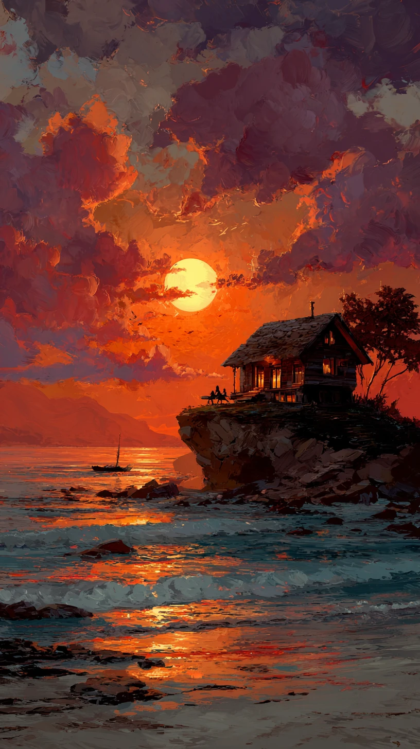 Piccola casa sulla spiaggia al crepuscolo con oceano illuminato dal tramonto