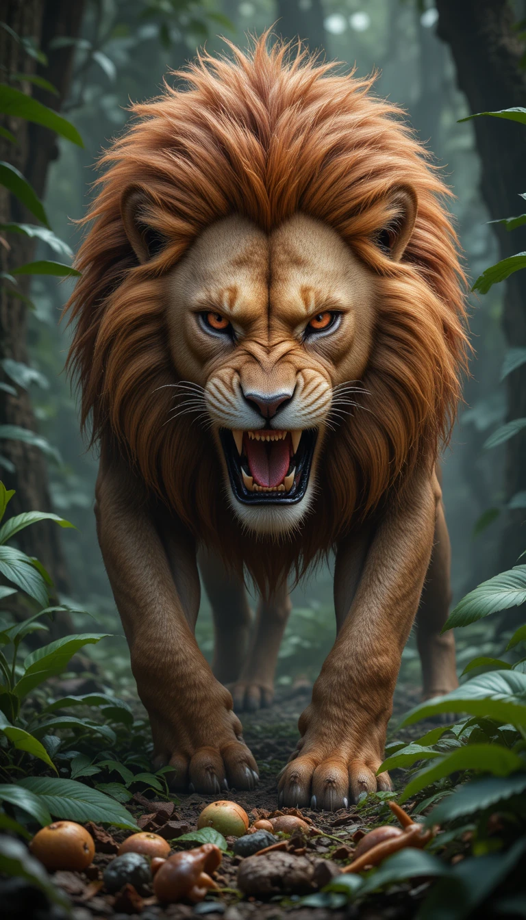 Angry lion with fiery mane hunting in dense jungle