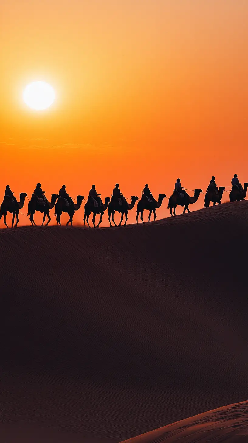Silhouetted camel caravan crossing dunes at fiery sunset