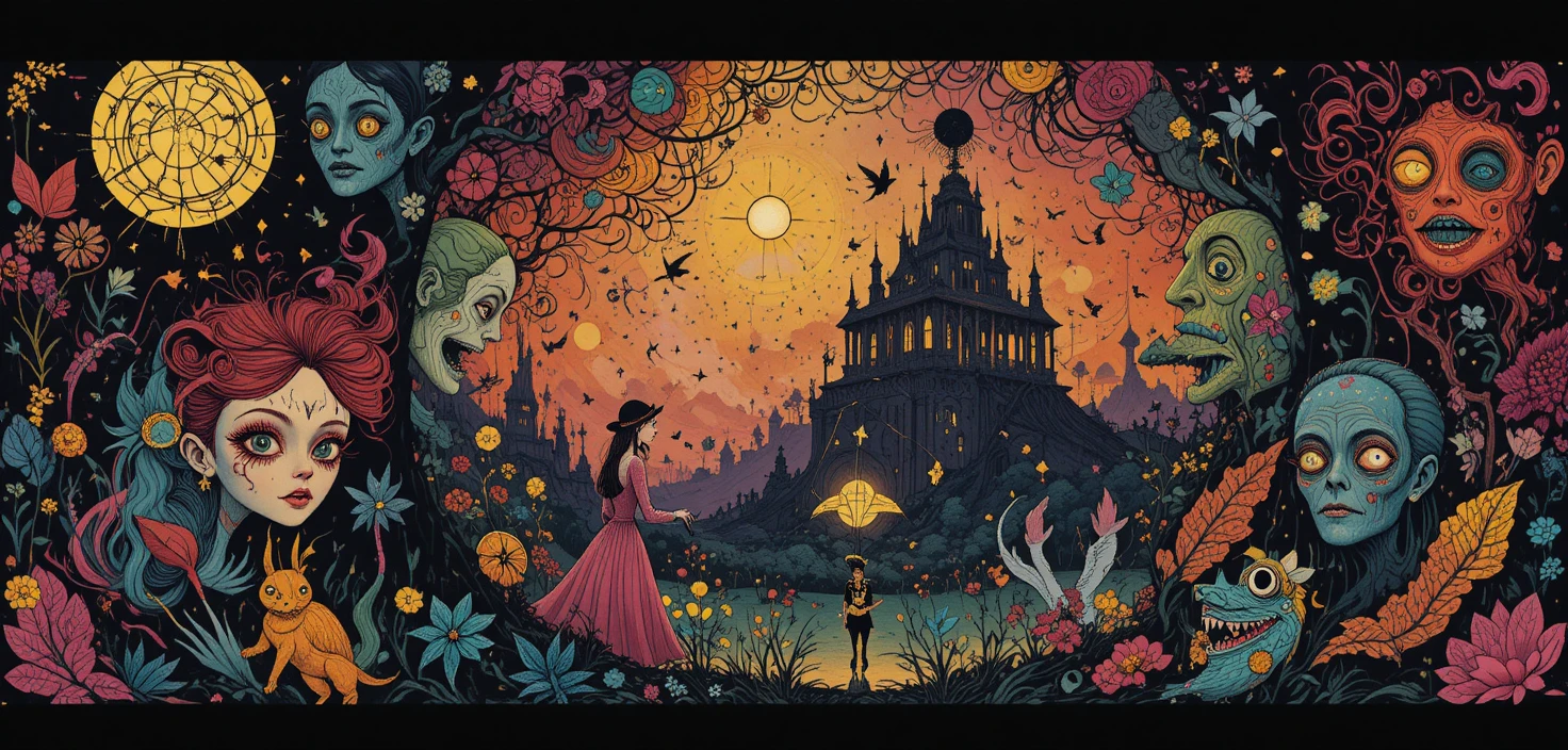 Whimsical fantasy creatures in colorful graphic poster style