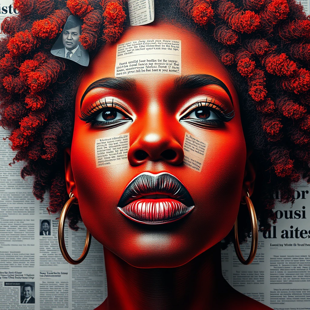 Afrocentric collage portrait of a black woman in red tones