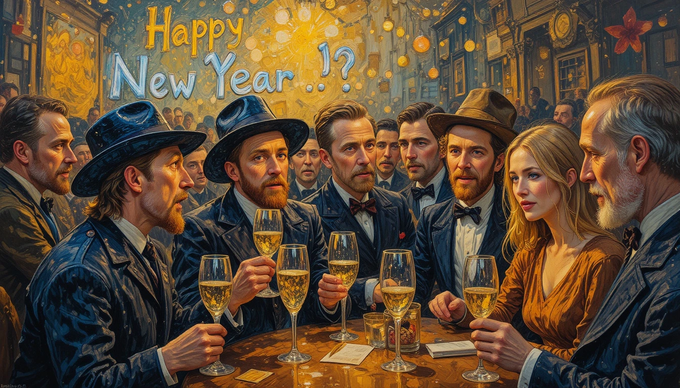 Festive group gathering in warm glowing oil painting style
