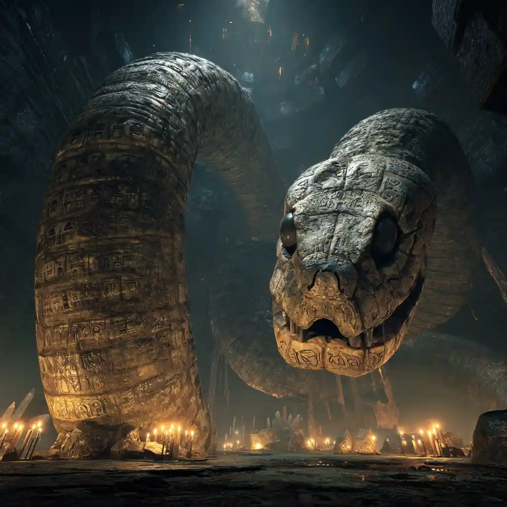 Titanische Schlangenskelette in einer leuchtenden Höhle