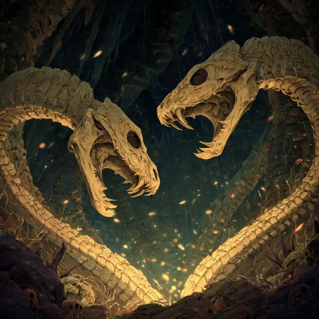 Colossal Cobra Skeletons Coiled In A Glowing Cavern