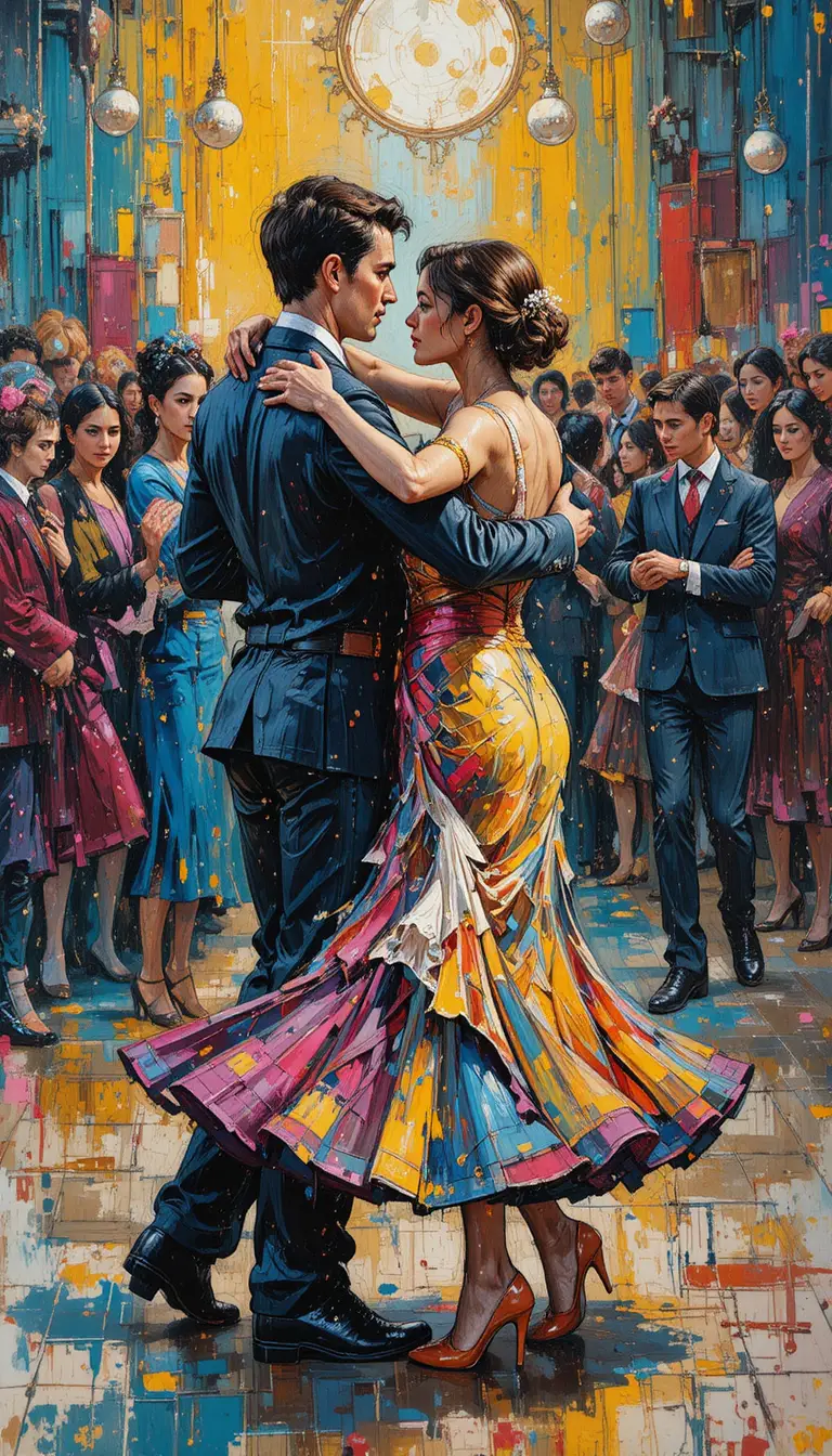 Festive dancers in a rustic hall painted in bold impasto
